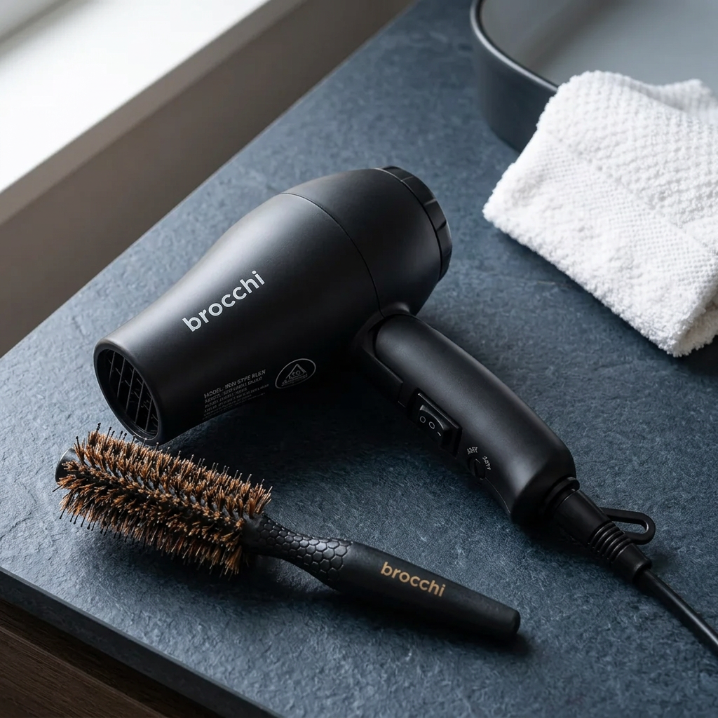 Mini travel dryer and round brush on a dark counter
