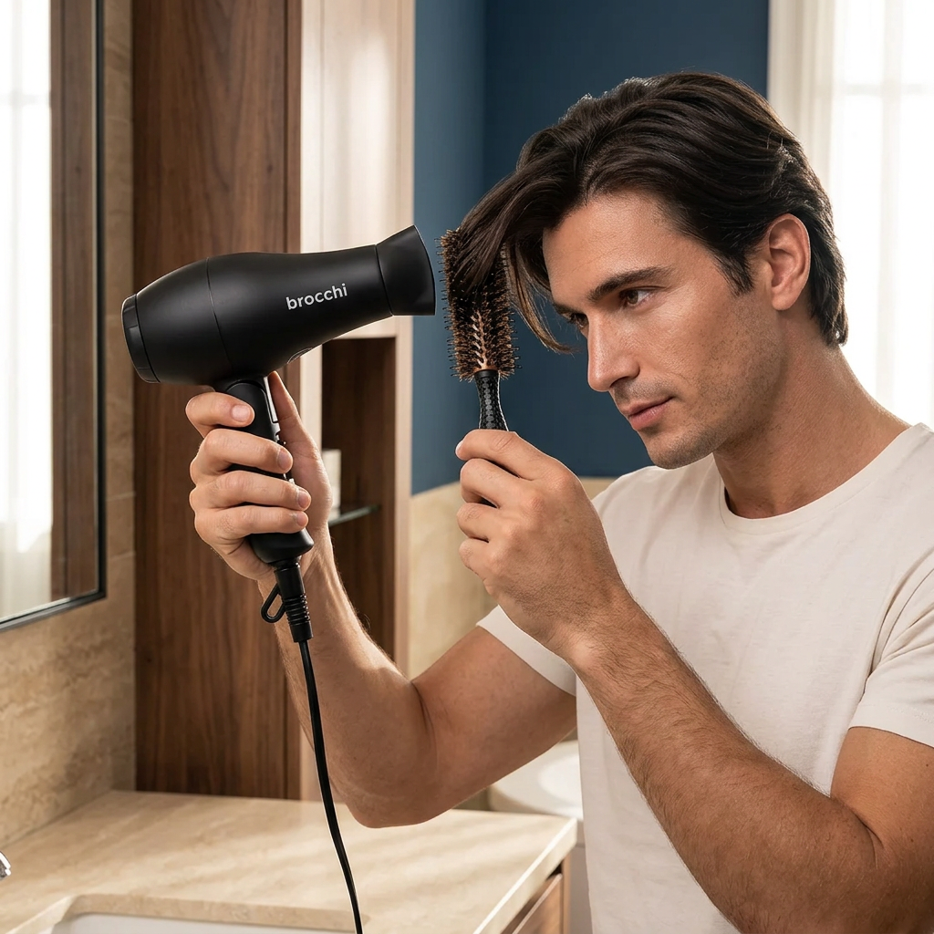 Blow-drying hair with the round brush and mini travel dryer
