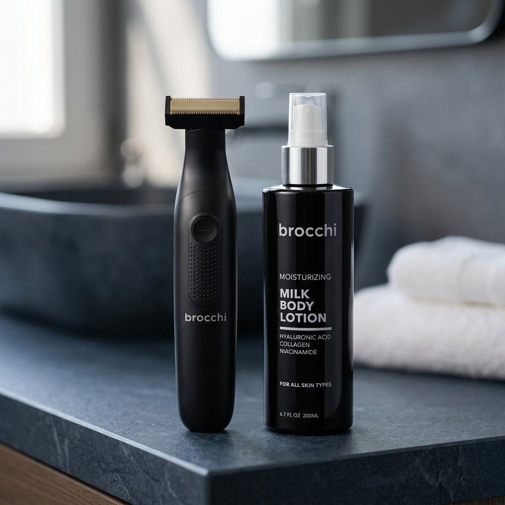 Body trimmer and Milk Body Lotion on a bathroom counter