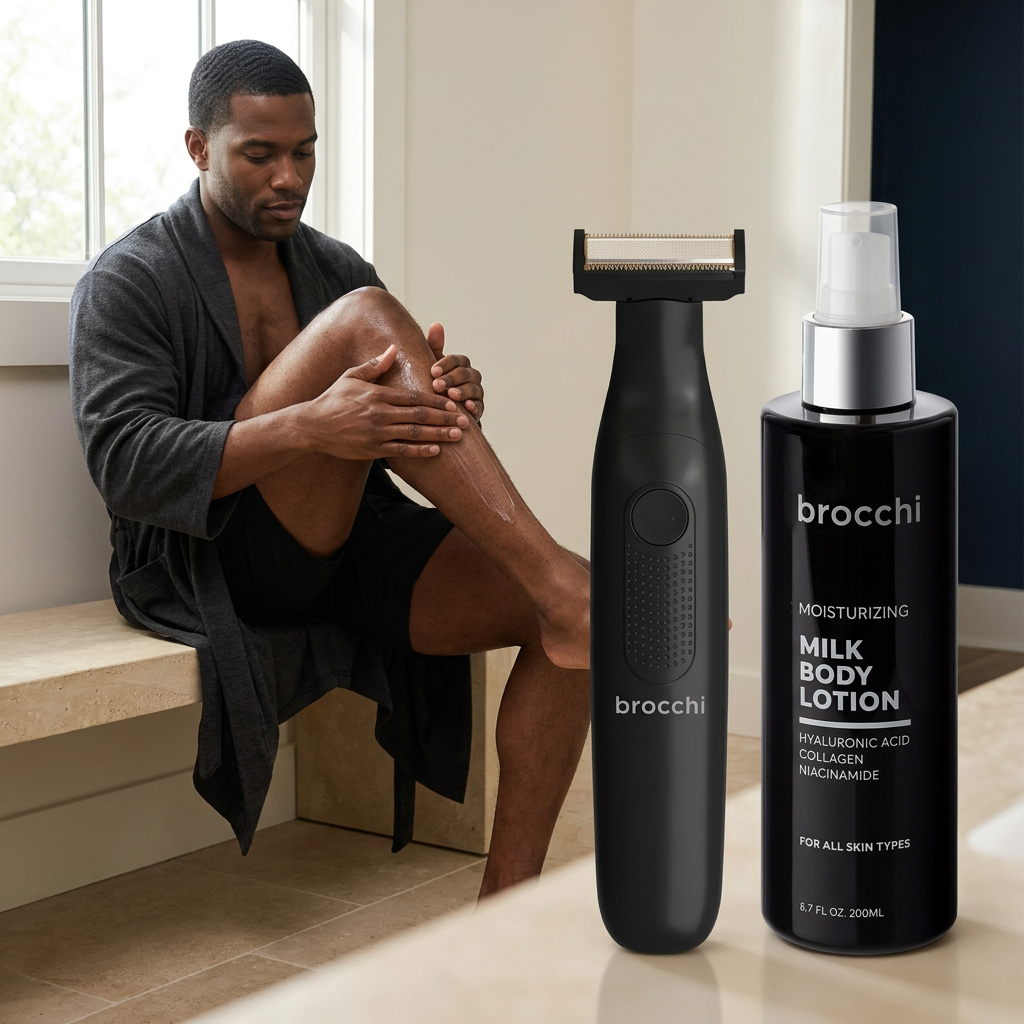 Applying lotion after grooming, with the Body Groom & Lotion Set