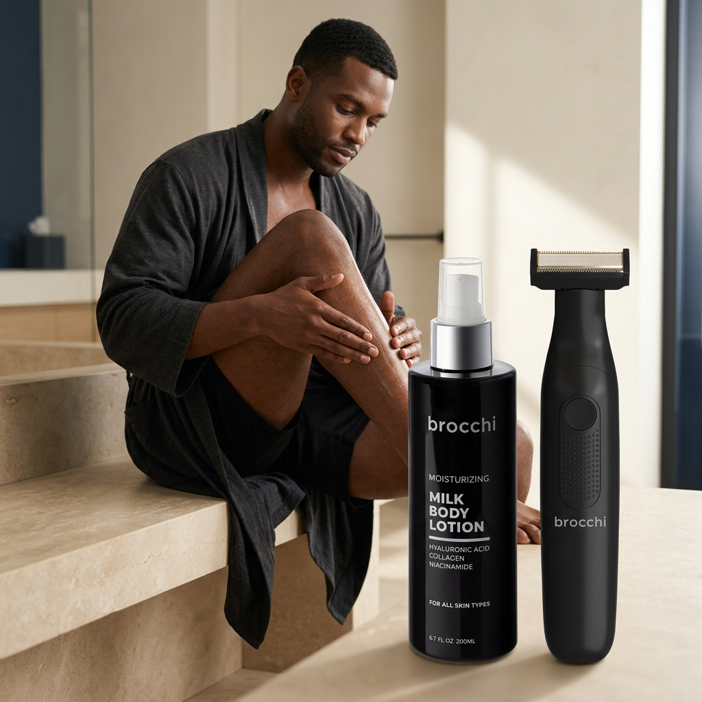 Moisturizing the legs, with the body trimmer and Milk Body Lotion nearby