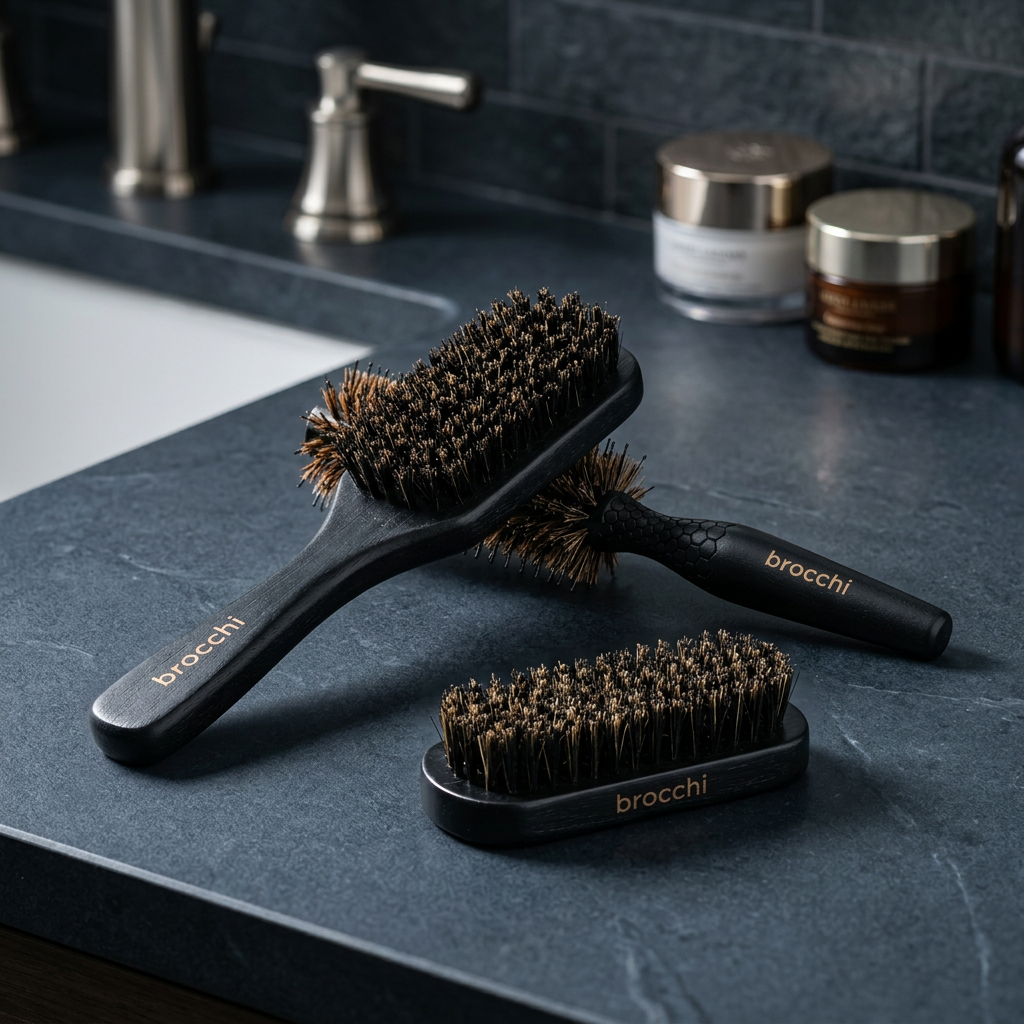 Three boar bristle brushes on a dark bathroom counter