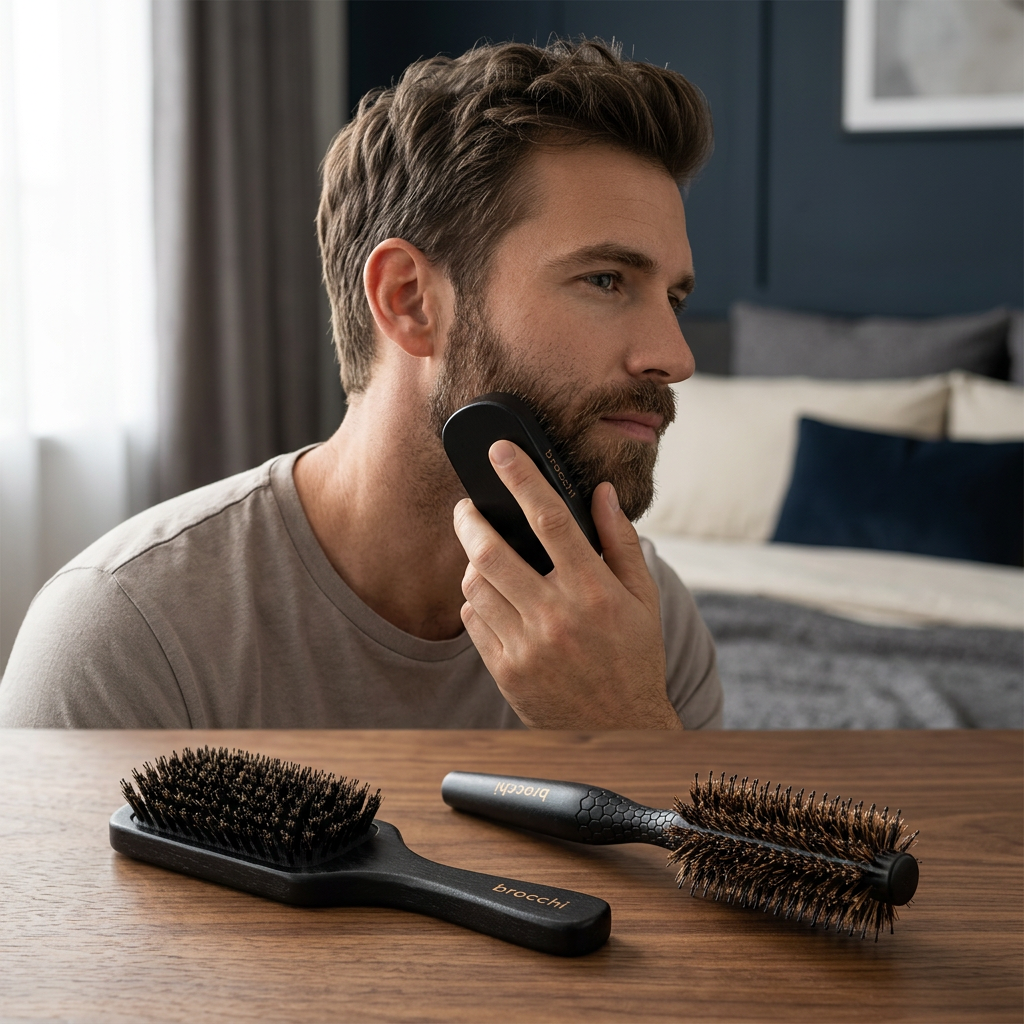 Brushing a beard, with the other two brushes on the table