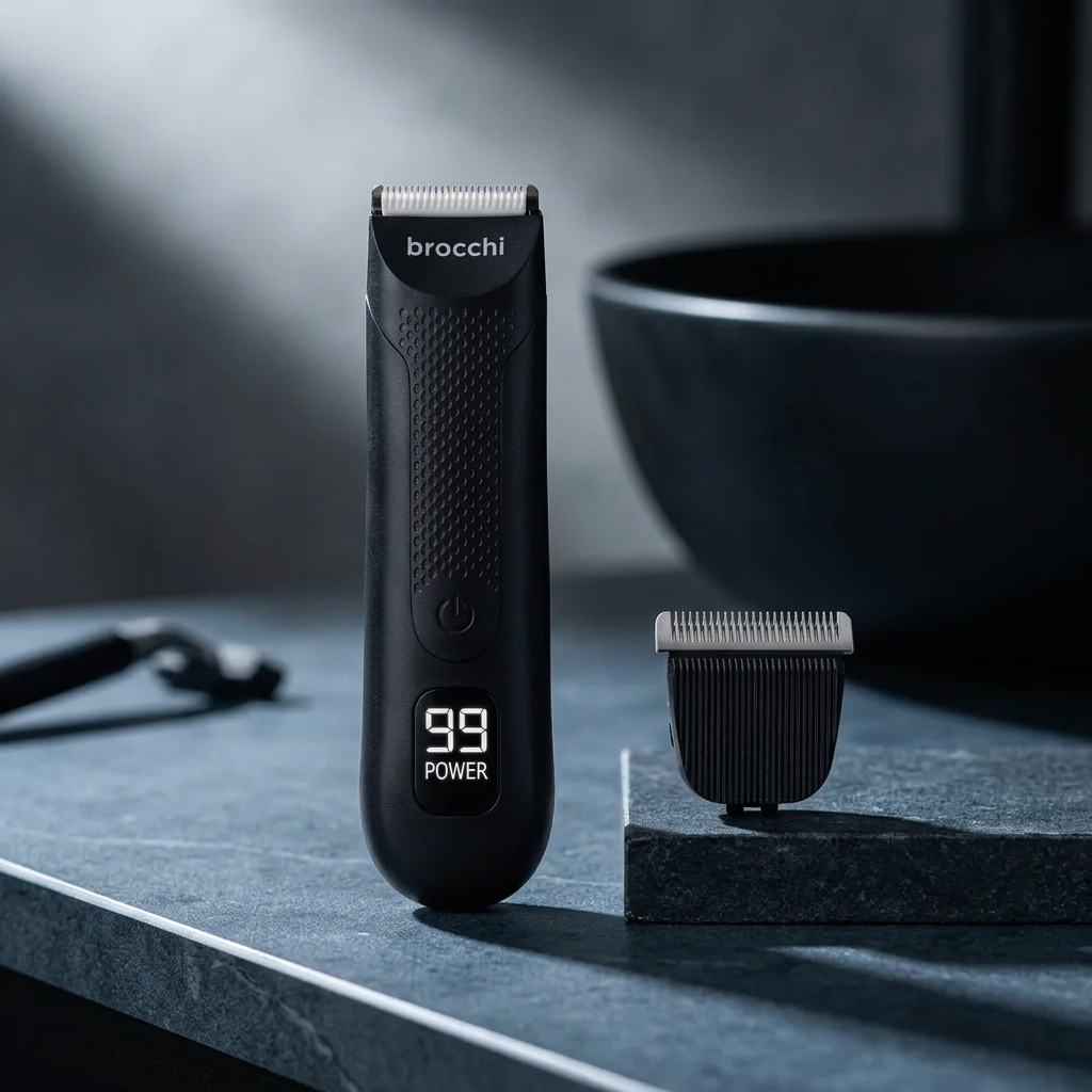 The Cutting Edge Trimmer and spare blade on a dark stone counter