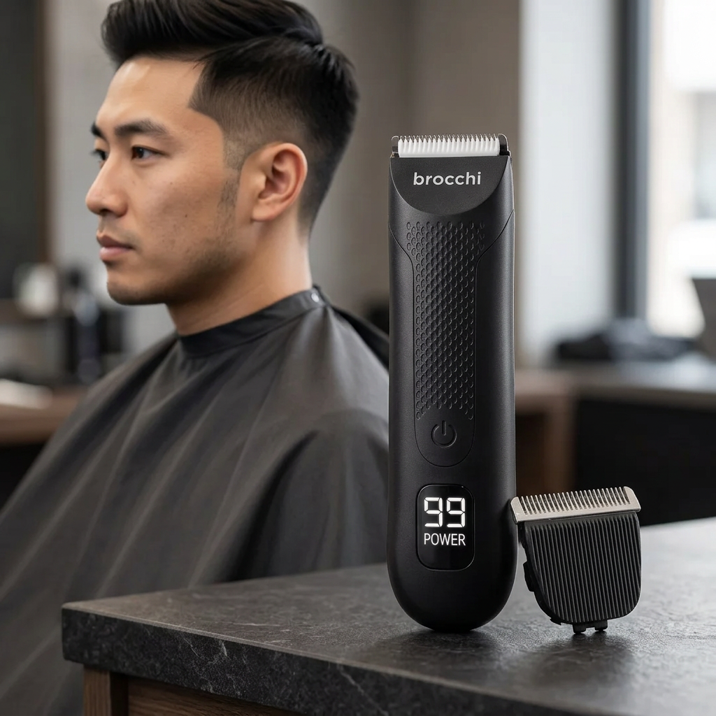 The Cutting Edge Trimmer and spare blade on a barbershop counter