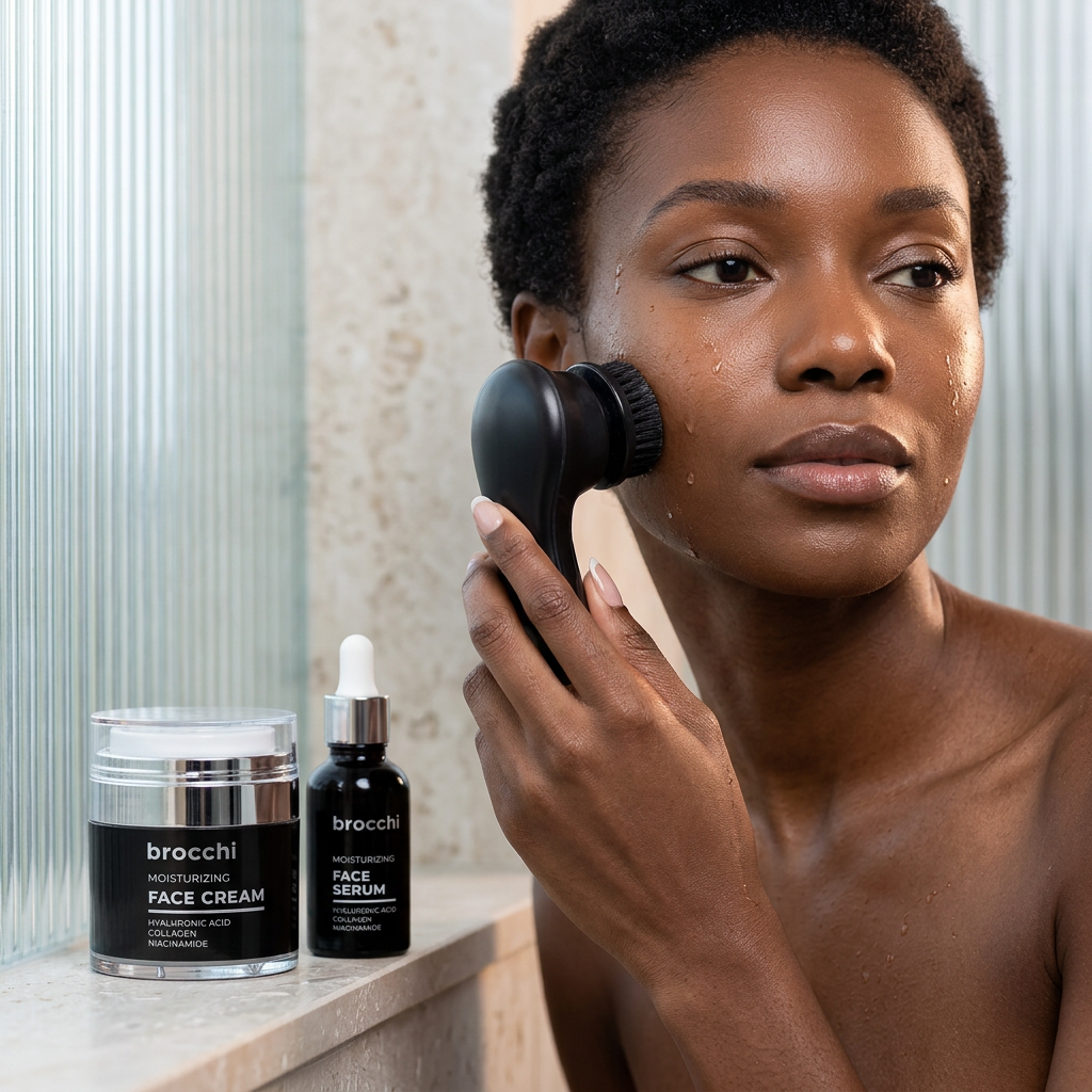 Cleansing the face with the facial brush, with Face Cream and Face Serum nearby