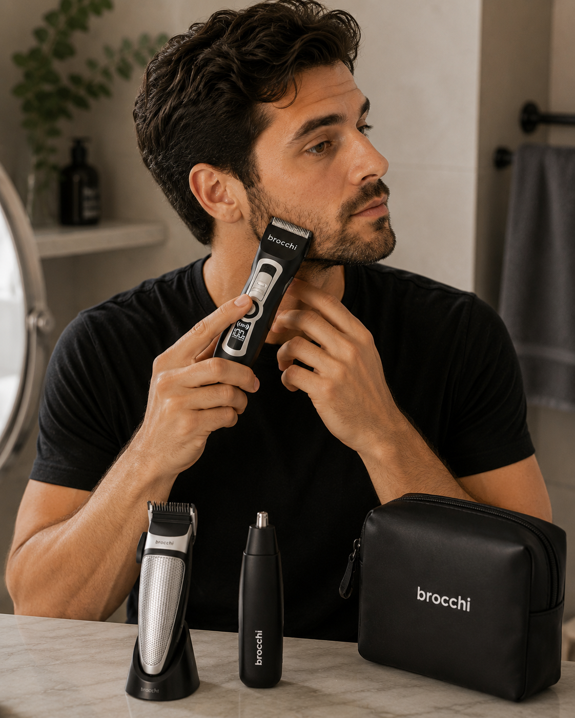 Trimming a beard, with the rest of the Grooming PRO Duo on the table