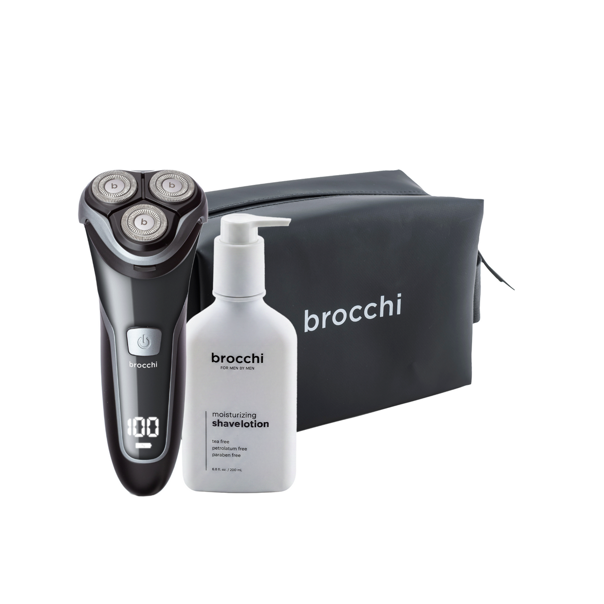 Smooth Edge Shave Kit, razor and Shave Lotion in front of the toiletry bag