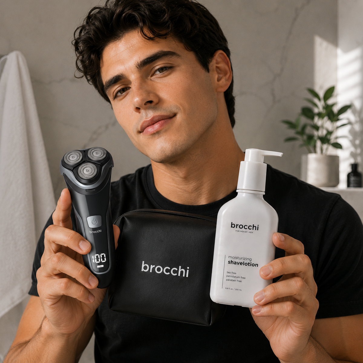 Holding the SmoothEdge razor, toiletry bag and Shave Lotion