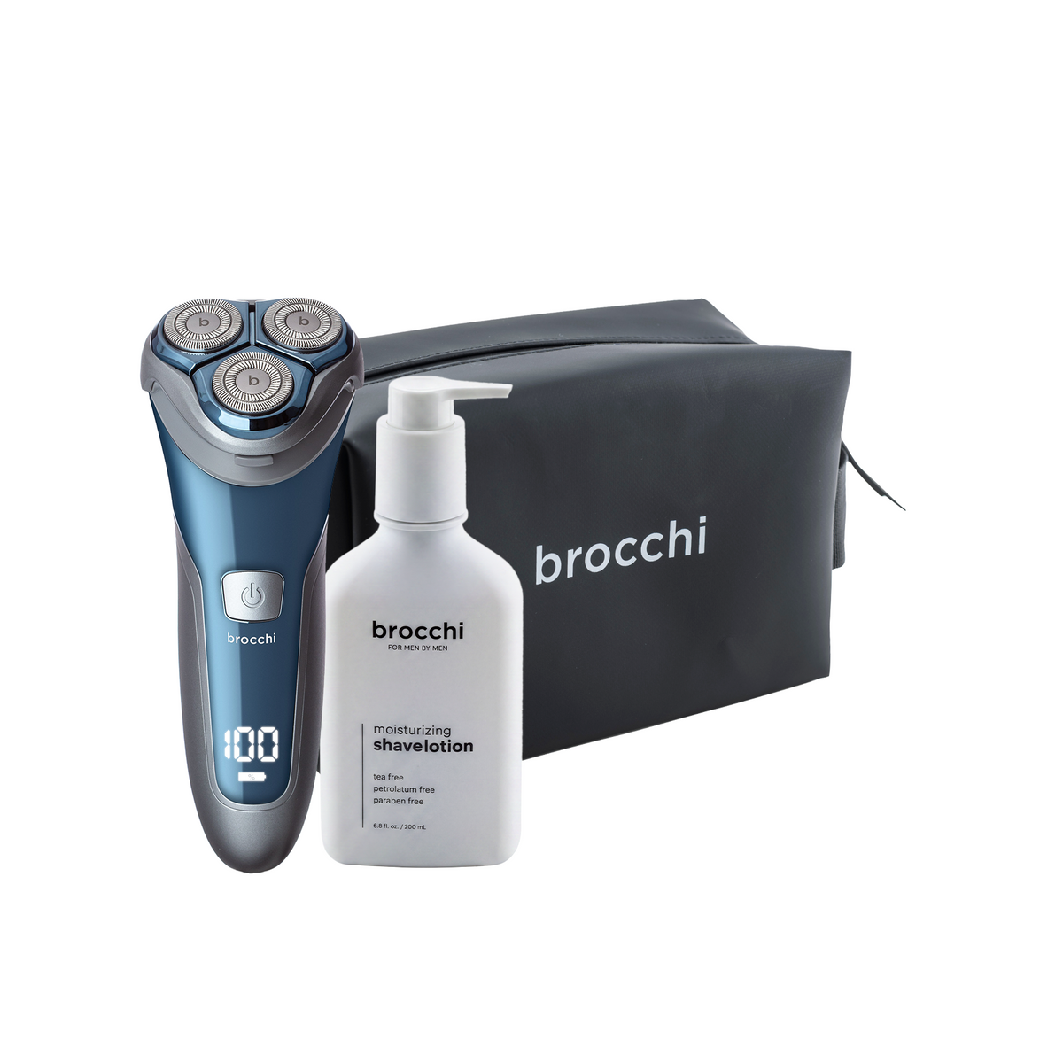 Blue SmoothEdge razor and Shave Lotion in front of the toiletry bag