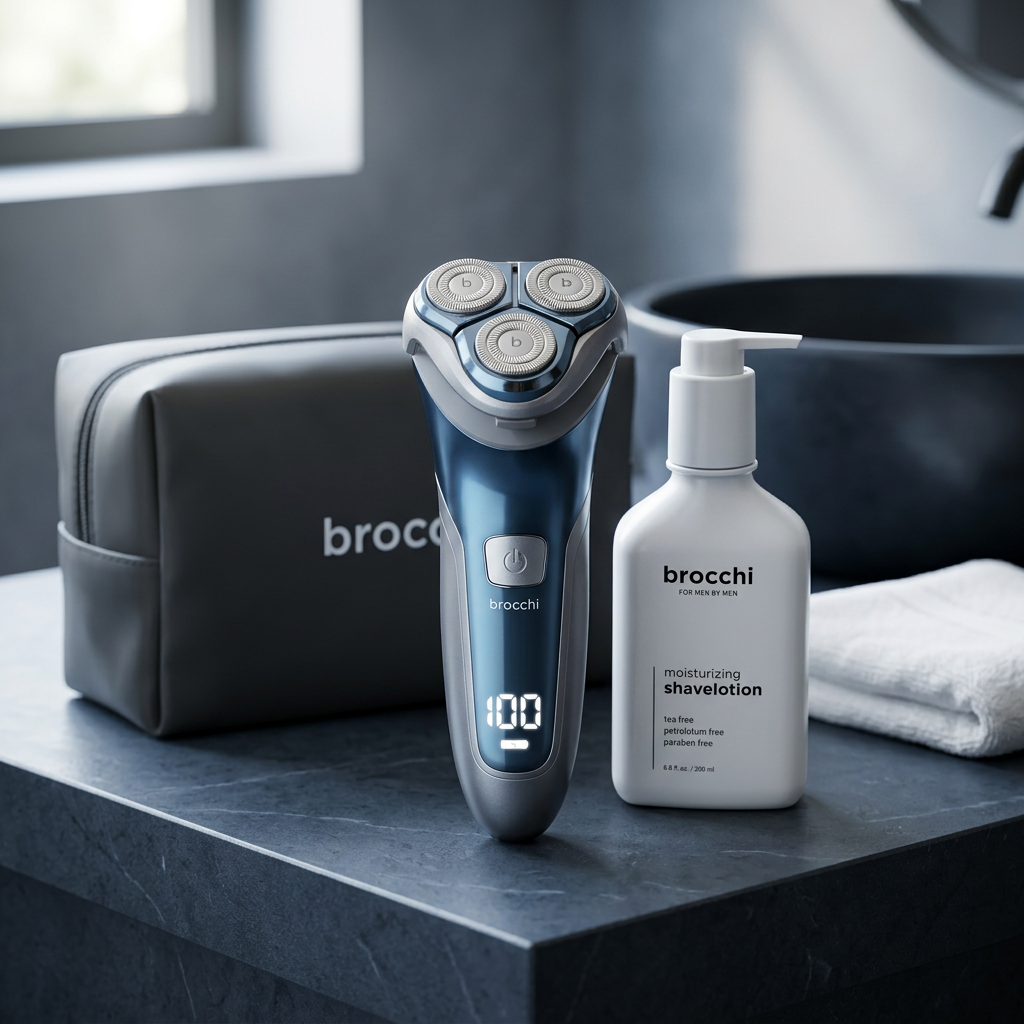 Blue Smooth Edge Shave Kit on a dark stone counter
