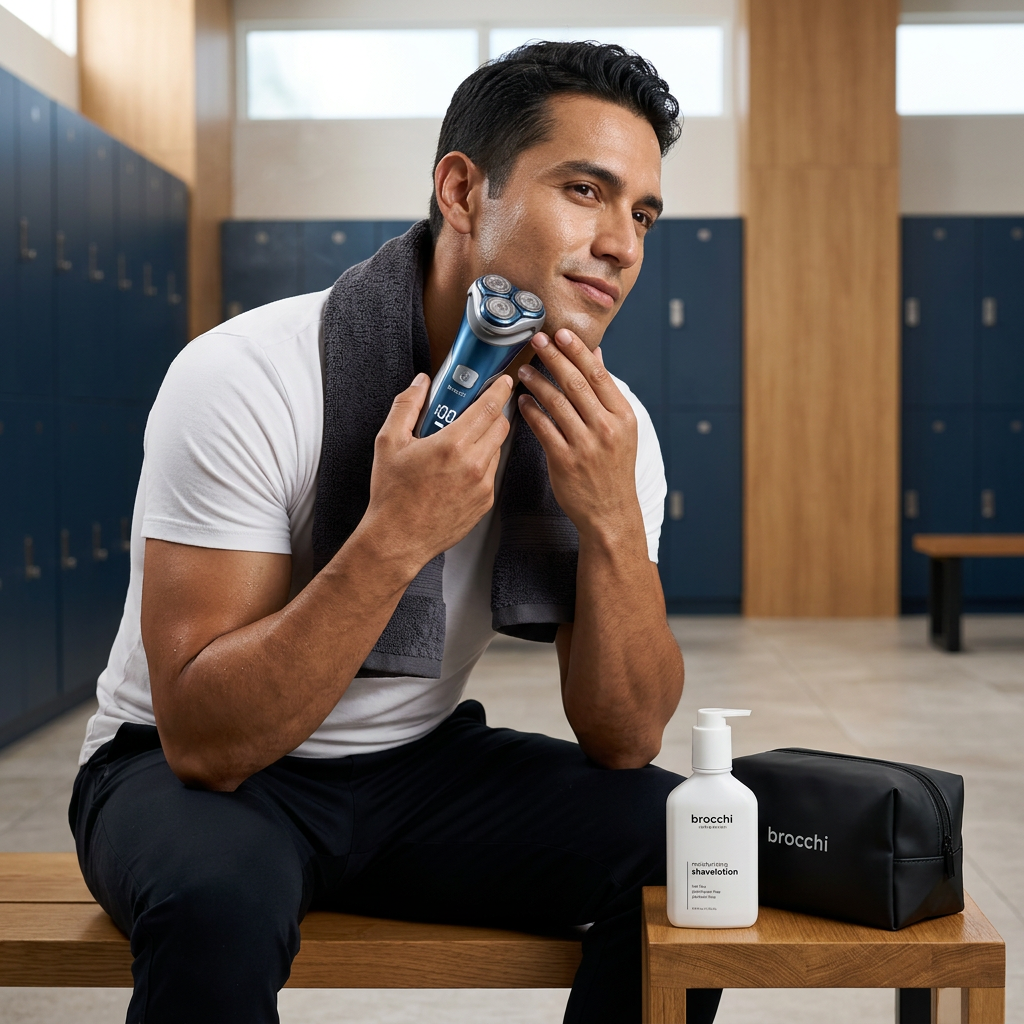 Shaving with the blue SmoothEdge razor in a locker room