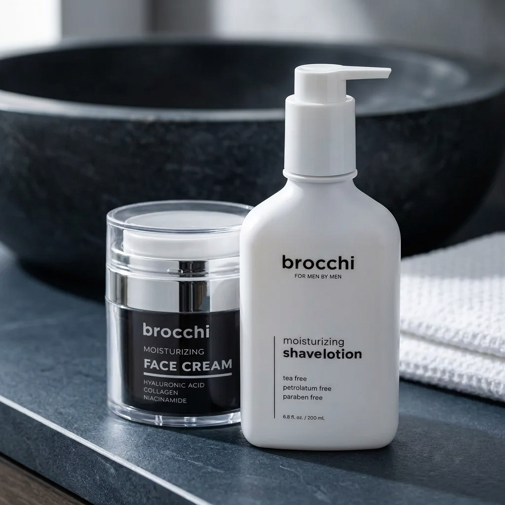 Face Cream and Shave Lotion on a dark stone counter