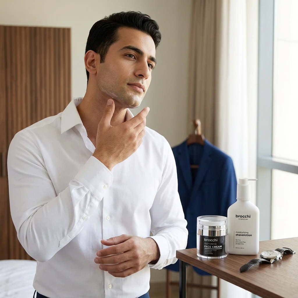 Checking a fresh shave, with Face Cream and Shave Lotion on the table