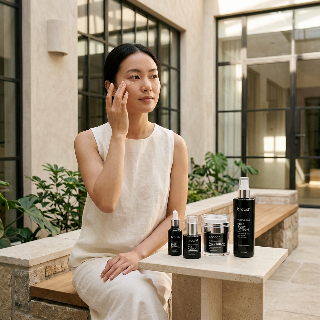 Applying face cream outdoors, with the Complete Skin Care Set on the table