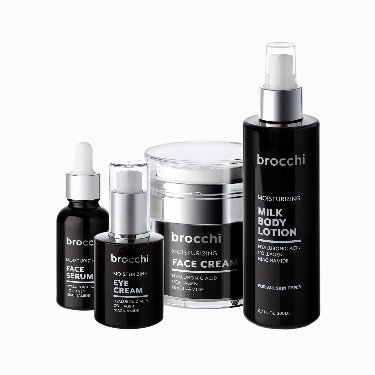 Complete Skin Care Set: Face Serum, Eye Cream, Face Cream and Milk Body Lotion
