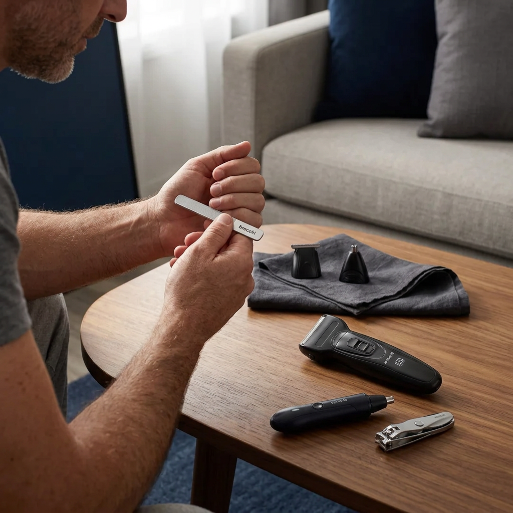 Filing nails, with the Grooming Starter Kit on the table