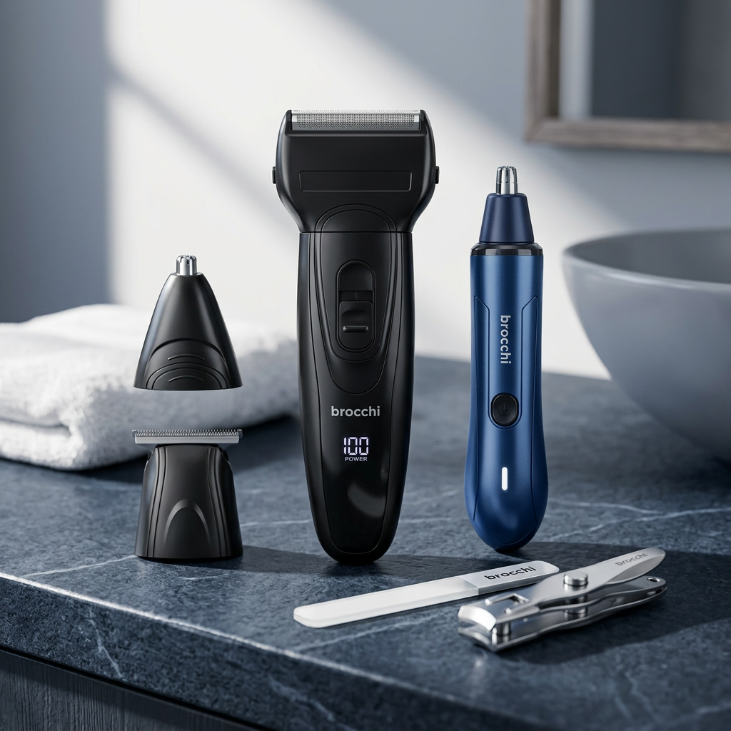 Grooming Starter Kit with blue nose trimmer on a dark counter