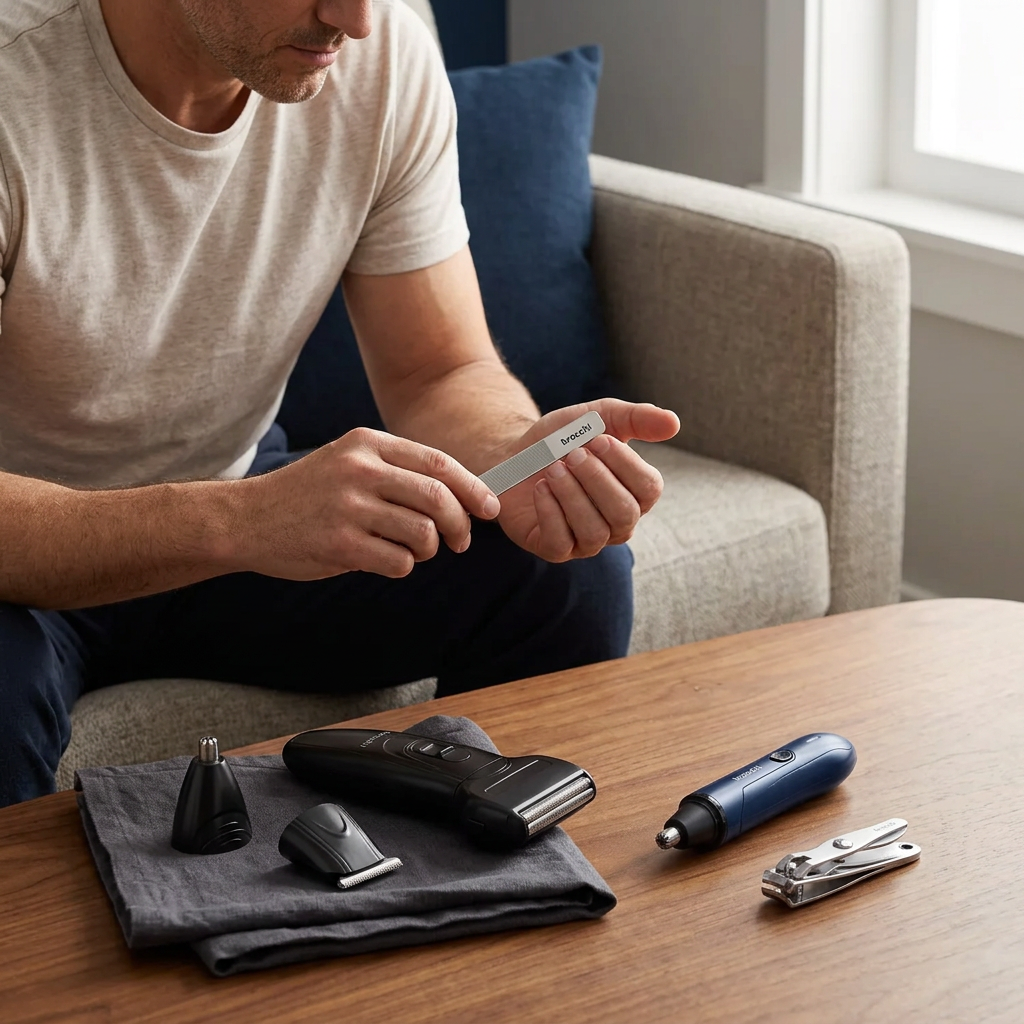 Filing nails, with the blue Grooming Starter Kit on the table