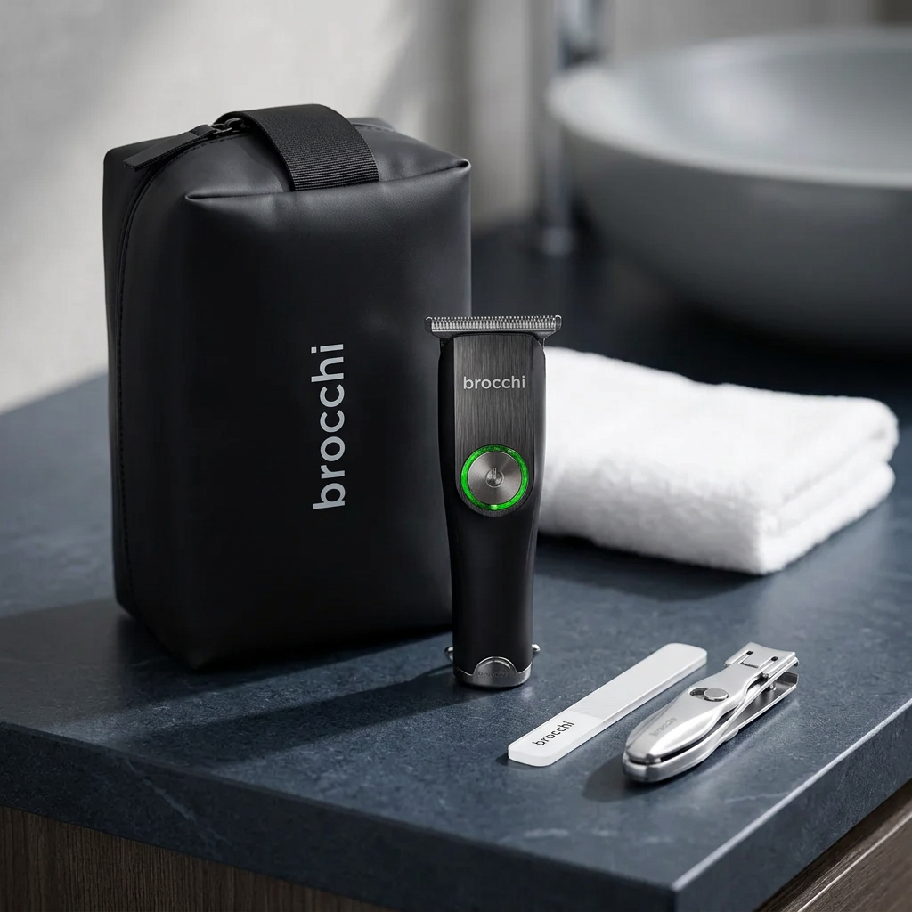 Travel Grooming Kit on a dark bathroom counter