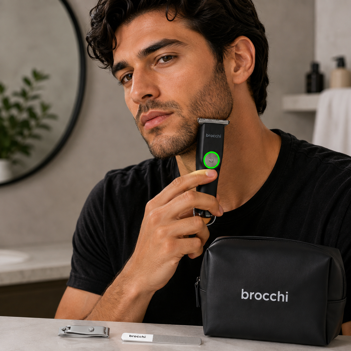 Trimming a beard with the TravelTrim, with the toiletry bag nearby