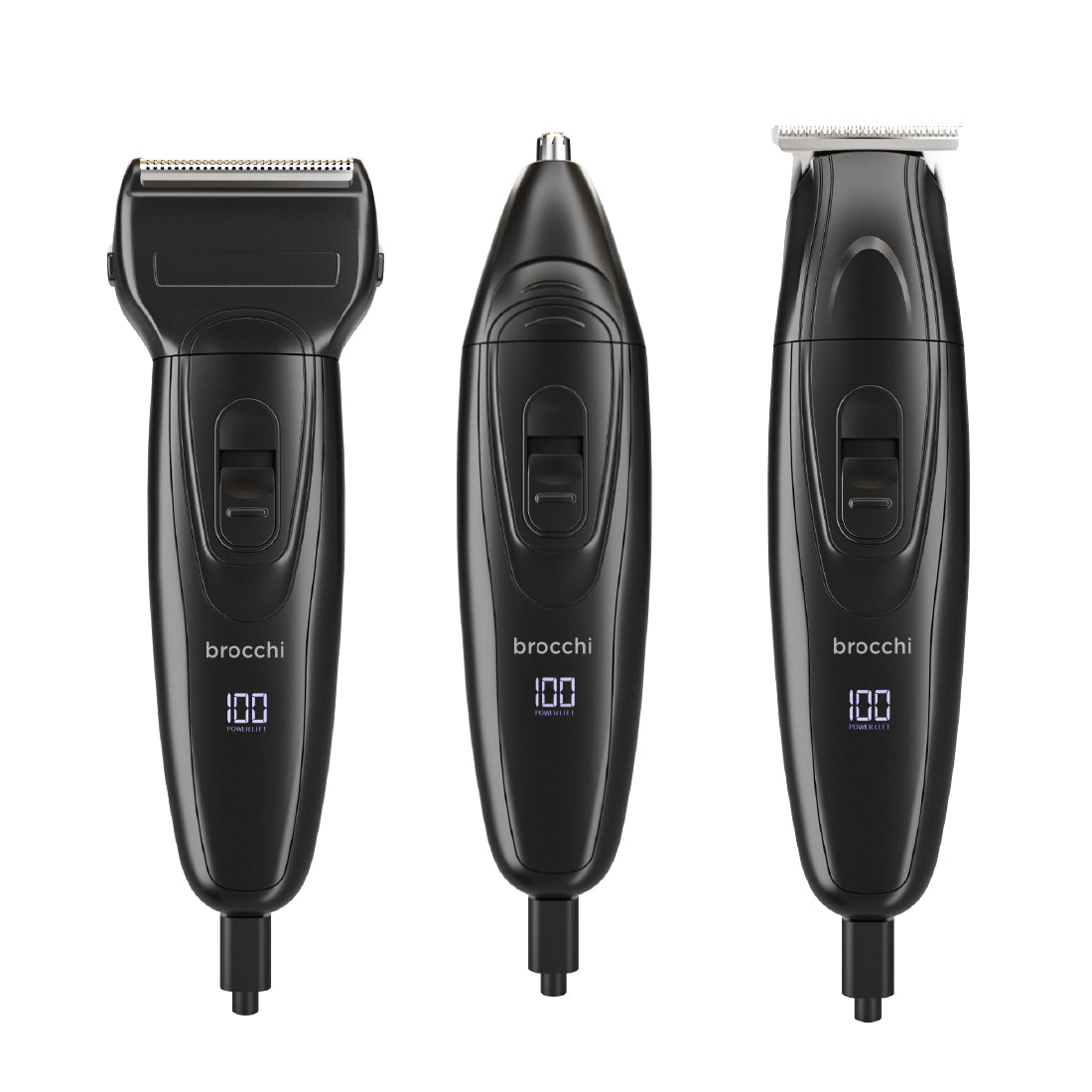 3-in-1 Grooming Set heads shown side by side with battery displays