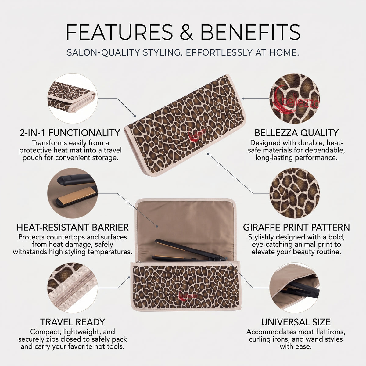 Heat-Resistant Styling Mat & Tool Pouch | Giraffe Print