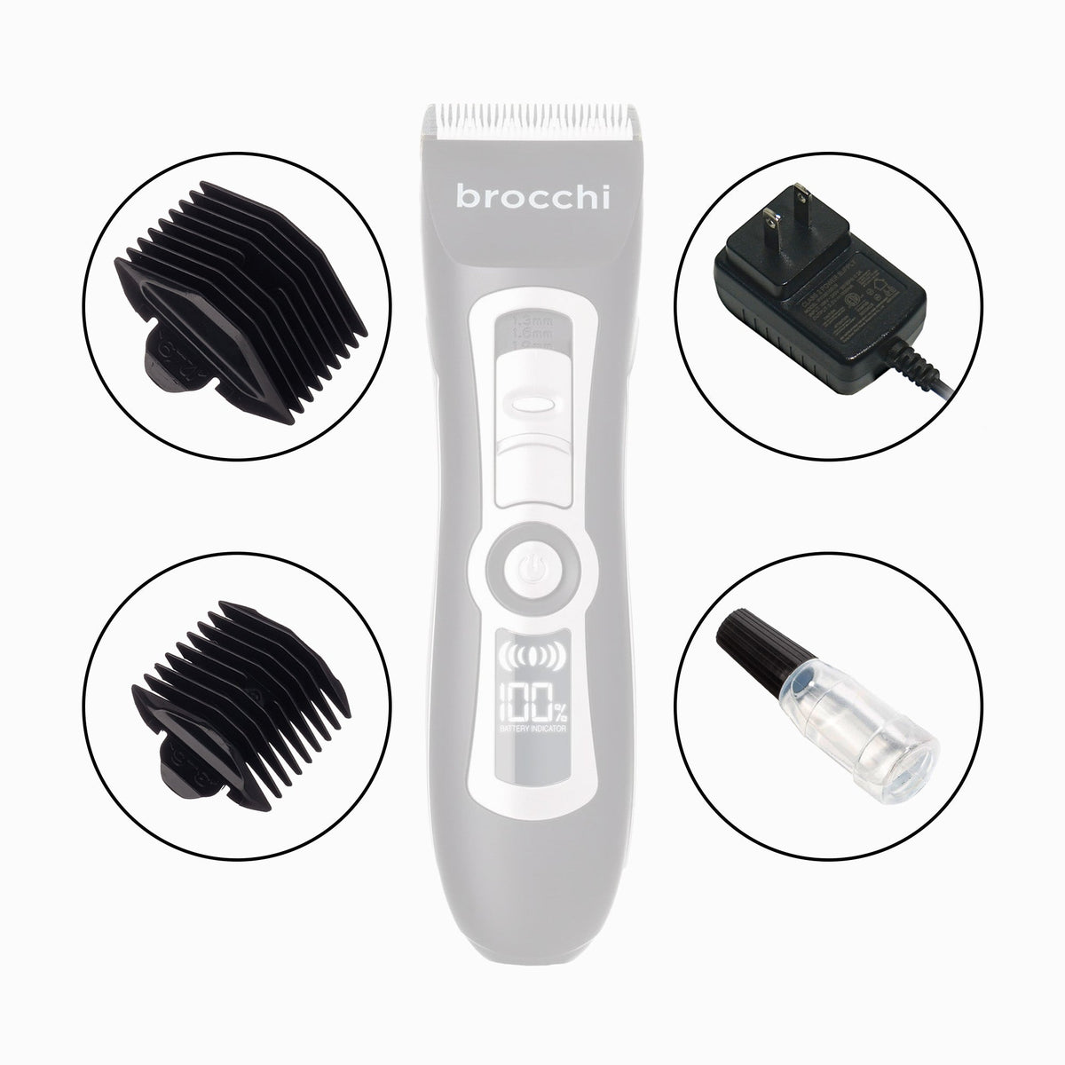 Replacement accessories shown with the Digital Grooming Trimmer: guide combs, charger and blade oil