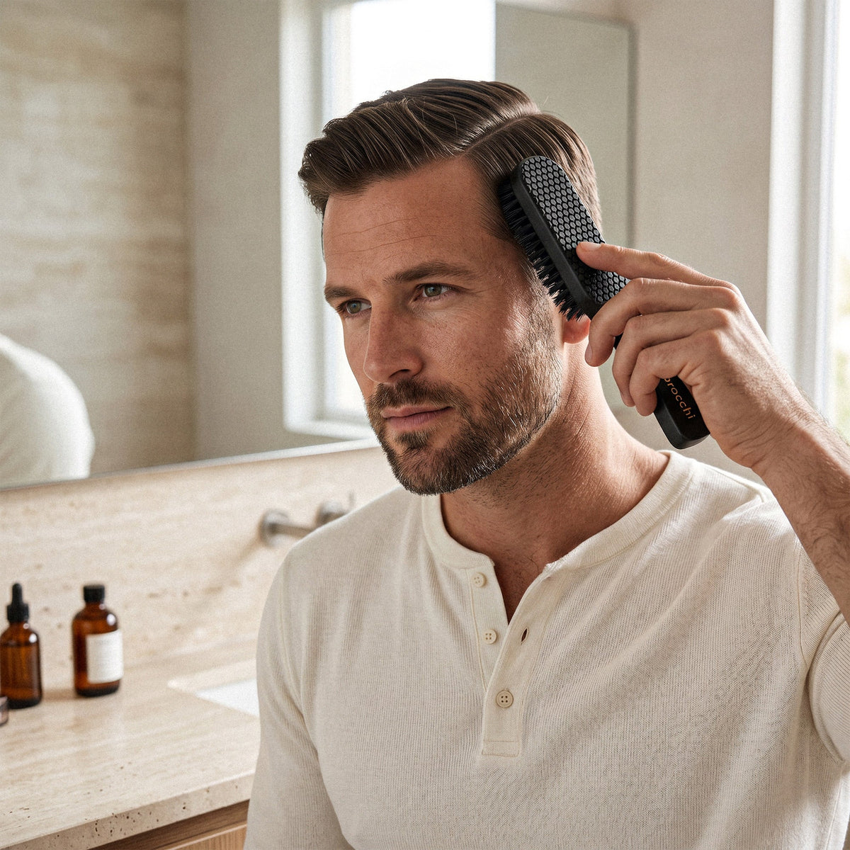 Styling hair with a boar bristle brush at the bathroom mirror