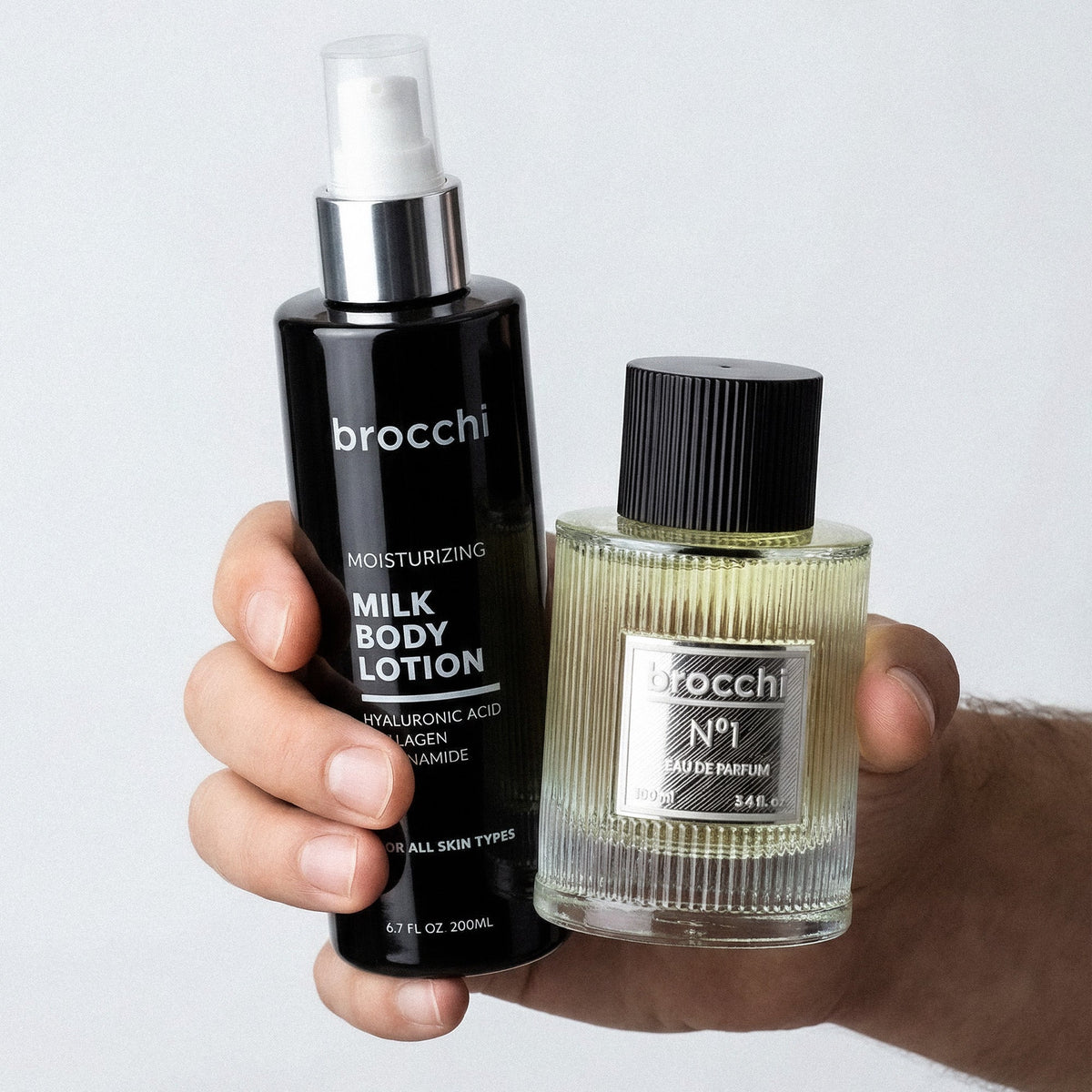 Milk Body Lotion and Nº1 Eau de Parfum held together in one hand