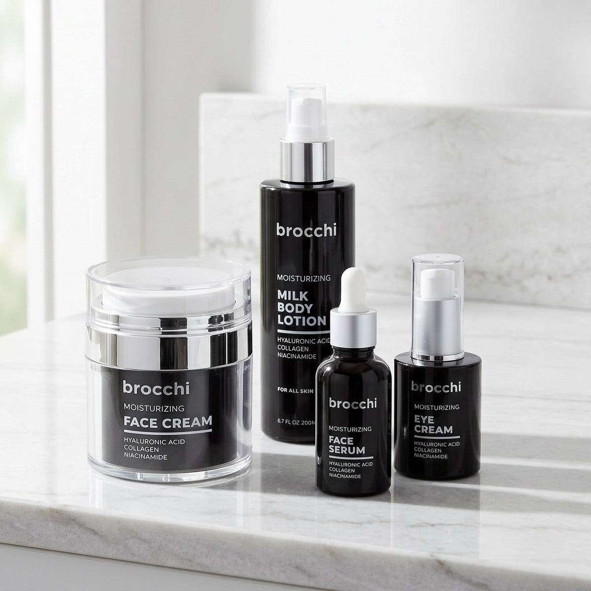 Face Cream, Face Serum, Eye Cream and Milk Body Lotion on a bathroom counter