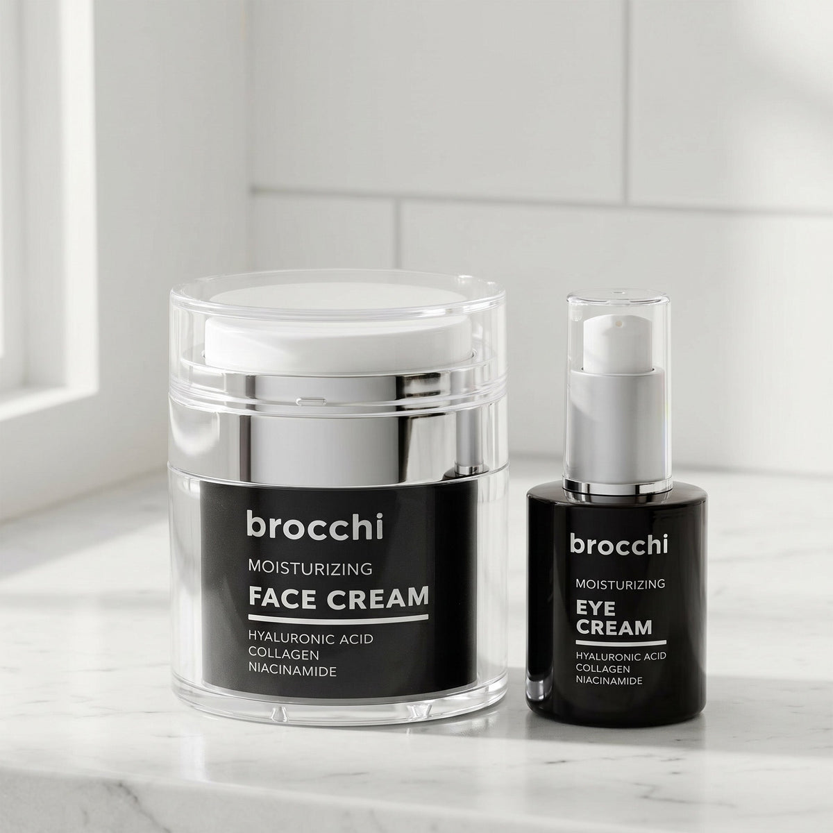Face Cream and Eye Cream on a bathroom counter
