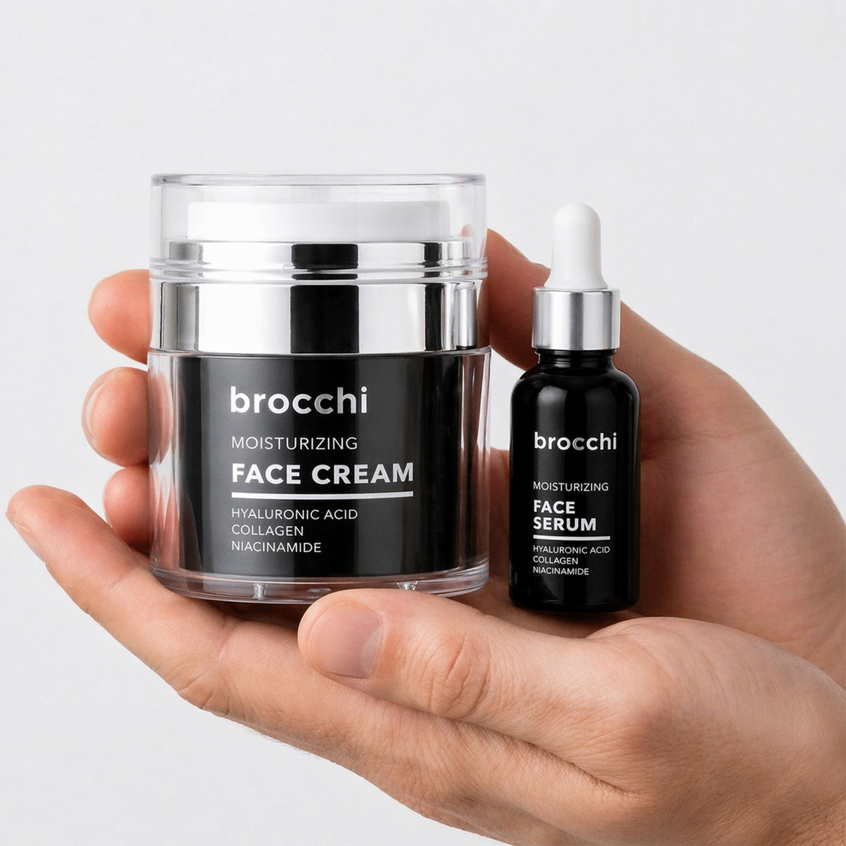 Face Cream and Face Serum held in one hand