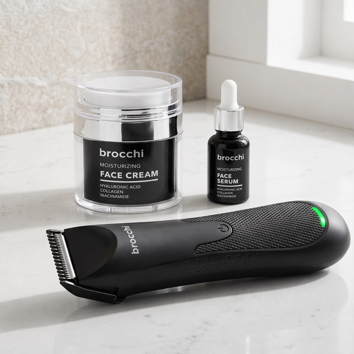 Precision Edge Trimmer, Face Cream and Face Serum on a bathroom counter
