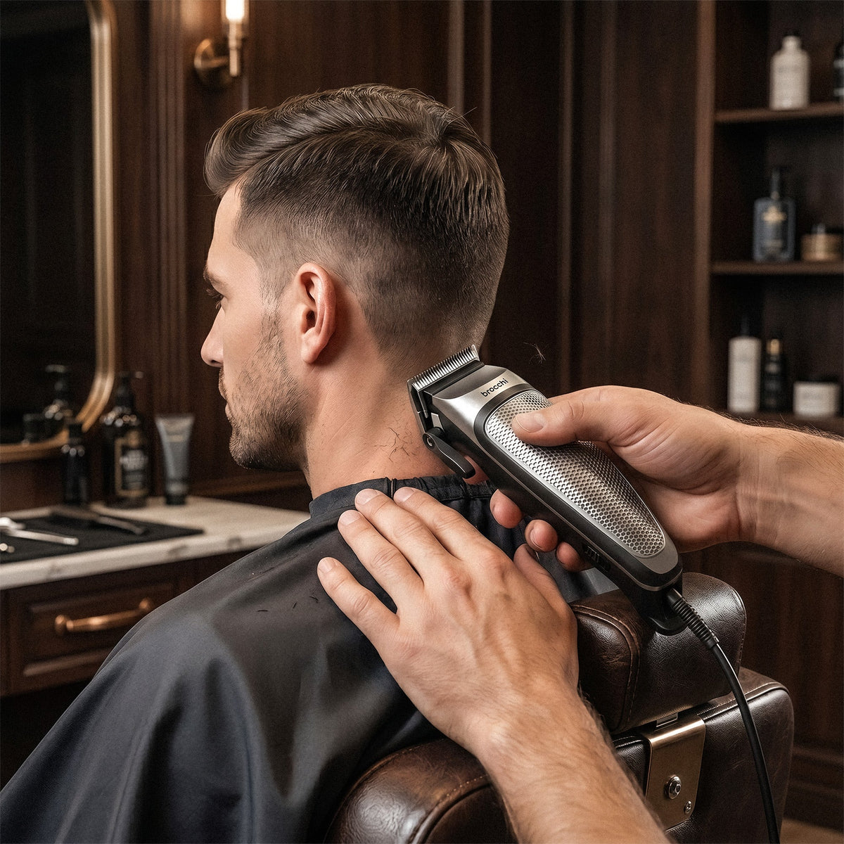 Cutting hair at the back of the neck with the Groom PRO clipper