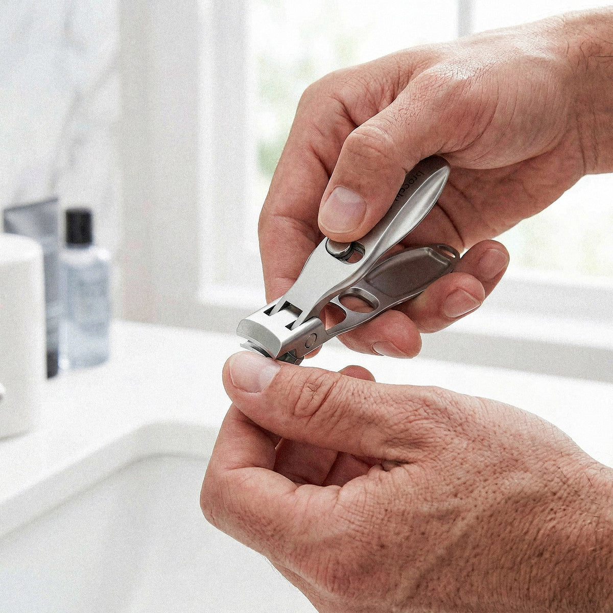 Trimming a fingernail with the Nail Mastery clipper