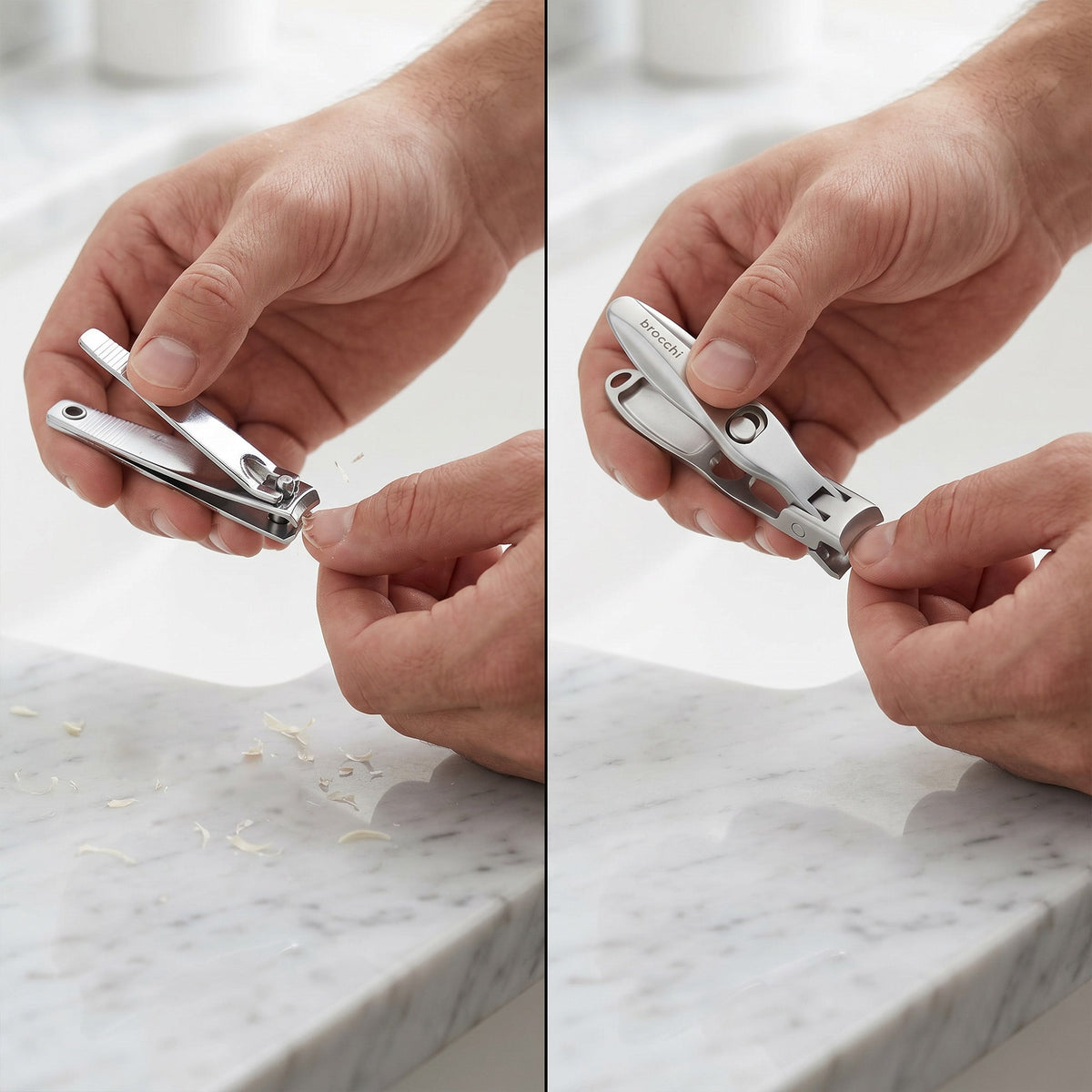 Trimming nails with the Nail Mastery clipper and its built-in catcher
