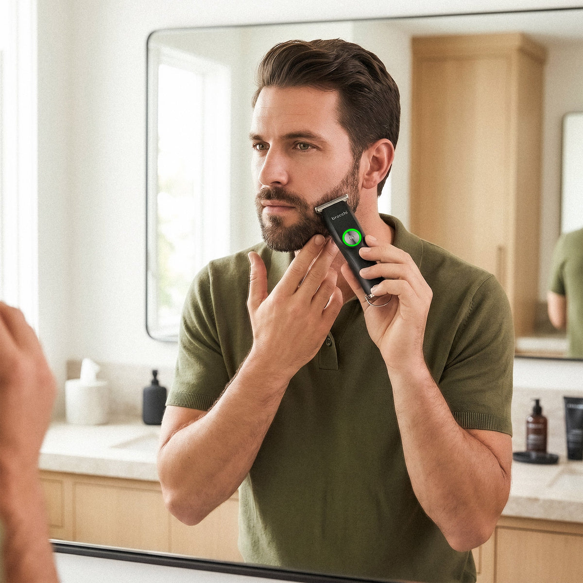 Trimming a beard with the TravelTrim at the bathroom mirror