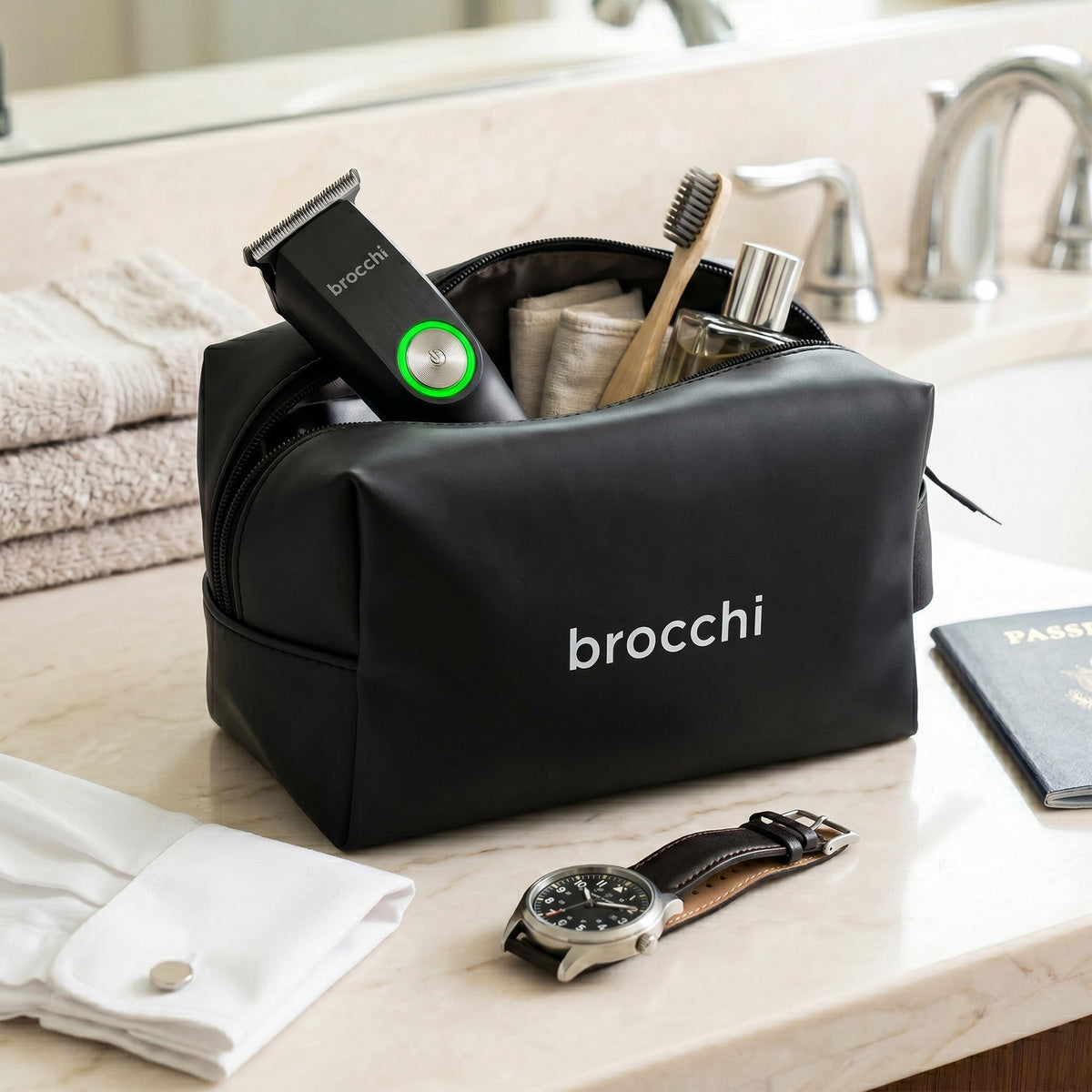 TravelTrim packed in a brocchi toiletry bag on a bathroom counter